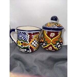 Mexican Talavera Ceramic Sugar and Cream Containers Pre Owned